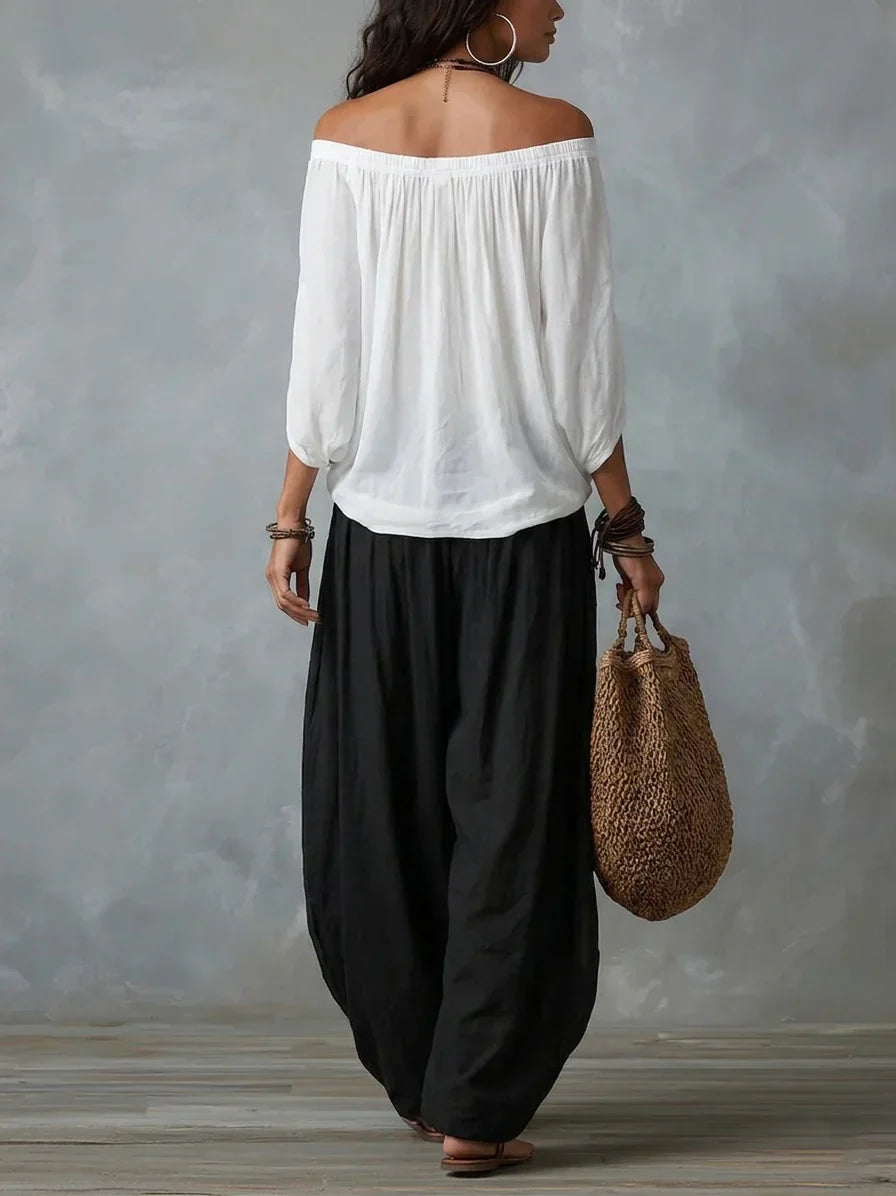 Completo Aurora con pantaloni palazzo in rosso
