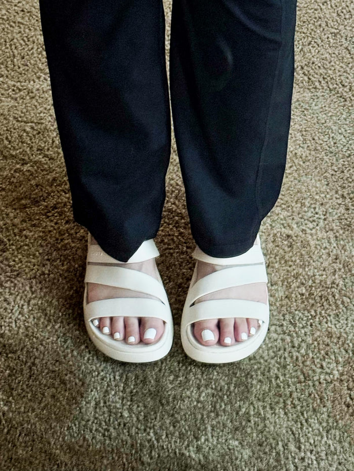 Customer photo of white MARISOLE strappy sandals on a rug
